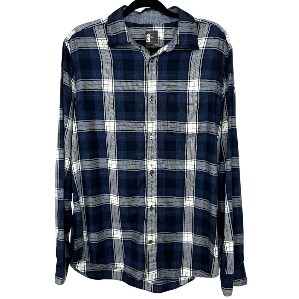 Gap Cotton Blue and white plaid long sleeve button down soft Size Large